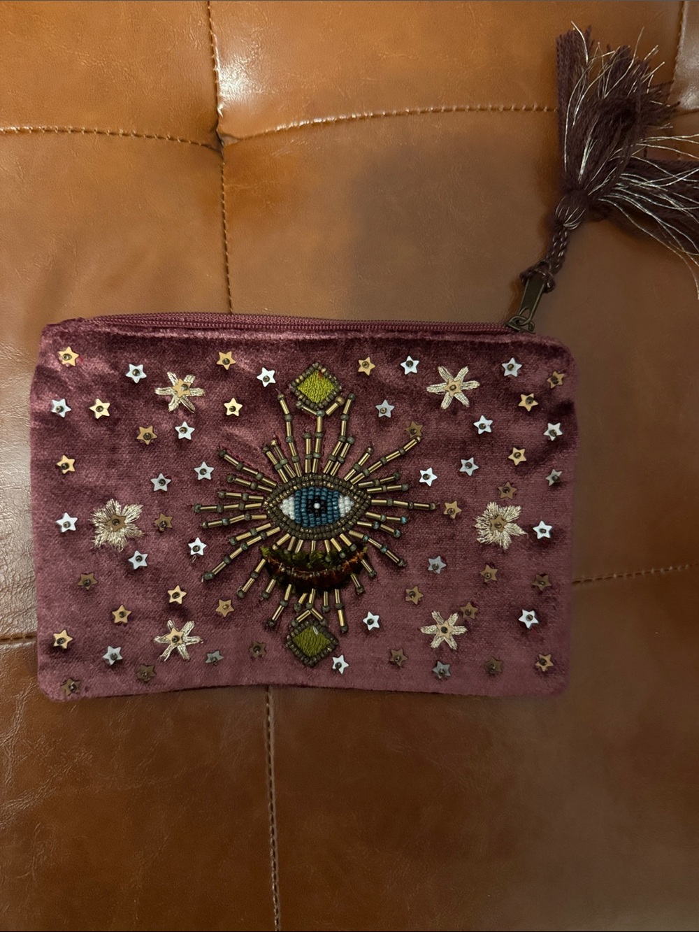 Embroidered Mauve Velvet Eye Motif Zip Pouch
